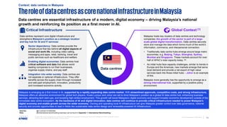 13
Document Classification: KPMG Public
© 2025 KPMG, an Irish partnership and a member firm of the KPMG global organisation of independent member firms affiliated with KPMG International Limited, a
private English company limited by guarantee. All rights reserved.
TheroleofdatacentresascorenationalinfrastructureinMalaysia
Data centres are essential infrastructure of a modern, digital economy – driving Malaysia’s national
growth and reinforcing its position as a first mover in AI.
Critical Infrastructure
Data centres represent core digital infrastructure and
strengthens Malaysia’s position as a strategic location
and key hub for AI and IT services:
Sector dependency: Data centres provide the
infrastructure that lies behind all digital aspects of
social and work life, including video calling,
messaging and apps, retail, banking, travel and
public services such as healthcare and welfare.
Enabling digital economies: Data centres host
critical software and data that allows world
leading companies to run their businesses,
organise supply chains, and pay staff.
Integration into wider society: Data centres are
not separate or optional infrastructure. They offer
benefits across the supply chain through increased
and well-paid employment, innovation, productivity
and increased economic activity.
Global Context [1]
Malaysia is emerging as a first mover in AI, supported by a rapidly expanding data centre market. With streamlined approvals, competitive costs, and strong infrastructure,
Malaysia offers an attractive environment for global tech players. Kuala Lumpur and Johor are set to drive Malaysia’s position as a global AI data centre hub, enhancing business
services, attracting tech start-ups, and boosting high-skilled employment. This growth will boost Malaysia’s digital economy and support broader economic development outside of the
immediate data centre ecosystem. As the backbone of AI and digital innovation, data centres will continue to provide critical infrastructure needed to power Malaysia’s
digital economy and enable growth across the wider economy. Owning and operating local AI infrastructure can give Malaysia greater control over data governance, national
security and provide opportunities to lead in fields like sustainable data centre design and renewable-powered AI infrastructure.
Malaysia hosts key clusters of data centres and technology
companies; the growth of the sector is part of a large-
scale global digital transformation. Data centres securely
store and manage the data which forms much of the world’s
information, commerce, and interpersonal connection.
• Traditionally data centre hubs emerge around large metro
economies, e.g. Beijing, Tokyo, Shanghai, Sydney,
Mumbai and Singapore. These markets account for over
half of APAC’s total capacity today. [a].
• As initial hubs face capacity challenges, similar to trends in
Europe and the Americas, new markets emerge that serve
local demand and provide a net export of high-value
services back into those initial hubs – Johor is an example
of this.
Malaysia more generally has the opportunity to emerge as a
strong international hub, supported by a positive policy
environment.
Data centres
Context: data centres in Malaysia
Sources: [a] Cushman & Wakefield
Note: [1] International benchmarking exercises can be found in Appendix 1: International Benchmarking.
 