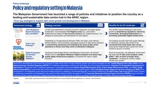 18
Document Classification: KPMG Public
© 2025 KPMG, an Irish partnership and a member firm of the KPMG global organisation of independent member firms affiliated with KPMG International Limited, a
private English company limited by guarantee. All rights reserved.
PolicyandregulatorysettinginMalaysia
The Malaysian Government has launched a range of policies and initiatives to position the country as a
leading and sustainable data centre hub in the APAC region.
Three key strategies to support data centre growth and development in Malaysia.
Government strategy Strategy overview
Green Lane
Pathway[b]
Established by Tenaga Nasional Berhard (TNB), the Green Lane Pathway
delivers efficient, environmentally responsible solutions for data centre operators
by streamlining onboarding and simplifying the setup of data centre
operations to attract more data centre investments to Malaysia.
Benefits for the DC landscape
The pathway provides fast-track supply offerings
for electricity, allowing data centres to be
connected three times faster than normal,
reducing the implementation period from 36-48
months to around 12 months.
Digital Ecosystem
Acceleration
Scheme
(DESAC)[c]
Introduced under Budget 2022 by the Malaysian Government, the DESAC
initiative aims to strengthen Malaysia’s digital ecosystem and attract high-
quality digital infrastructure projects to accelerate the nation’s digital
economy.
Since its introduction, the Malaysian Government
has approved 21 data centre projects, worth
$24bn – 90% of which is foreign direct
investment – boosting the country’s digital
infrastructure growth.
Johor-Singapore
Special Economic
Zone (JS-SEZ)[a]
JS-SEZ was established to enhance economic integration and attract global
investments. It encompasses nine flagship zones (e.g. Johor Bahru
Waterfront) and targets 11 key economic sectors (e.g. Digital Economy). It is
designed to boost growth and development in both regions.
The JS-SEZ supports Malaysia’s data centre
growth by streamlining regulations, improving
connectivity, developing skilled talent and
promoting sustainable digital infrastructure.
Since 2019, the Malaysian government has advanced its data centre sector through initiatives aligned with national strategies like the Twelfth Malaysia Plan (2021-2025) and the
National Energy Transition Roadmap (NETR).[d] To address sustainability concerns and skills gaps, the Government introduced the Guideline for Sustainable Development of
Data Centre in December 2024.[e] Additional guidelines, incorporating metrics like Carbon Usage Effectiveness (CUE), Power Usage Effectiveness (PUE), and Water Usage
Effectiveness (WUE) to ensure that data centres meet sustainability requirements and to support goals of 70% renewable energy usage and net-zero emissions by 2050 are in
development.[f] The Malaysian government has invested resource in adopting a coordinated approach, for example establishing the Data Centre Task Force (DCTF) which focuses
on enhancing coordination and strategies for the growth of data centres and their ecosystems.[g] The Corporate Renewable Energy Support Scheme (CRESS) aims to enhance
corporate access to green electricity, enabling third parties (such as data centres) to supply or purchase renewable energy via the grid, driving the energy transition. [b]
Policy landscape
Sources: [a] MIDA [b] Tenaga Nasional Berhard (TNB) [c] MIDA [d] Ministry of Economy [e] MIDA [f] Forbes [g] Ministry of Investment, Trade and Industry
 