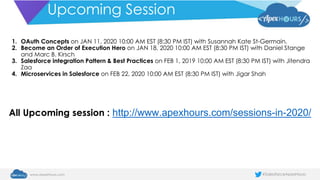 #SalesforceApexHourswww.ApexHours.com
Upcoming Session
1. OAuth Concepts on JAN 11, 2020 10:00 AM EST (8:30 PM IST) with Susannah Kate St-Germain.
2. Become an Order of Execution Hero on JAN 18, 2020 10:00 AM EST (8:30 PM IST) with Daniel Stange
and Marc B. Kirsch
3. Salesforce integration Pattern & Best Practices on FEB 1, 2019 10:00 AM EST (8:30 PM IST) with Jitendra
Zaa
4. Microservices in Salesforce on FEB 22, 2020 10:00 AM EST (8:30 PM IST) with Jigar Shah
All Upcoming session : http://www.apexhours.com/sessions-in-2020/
 