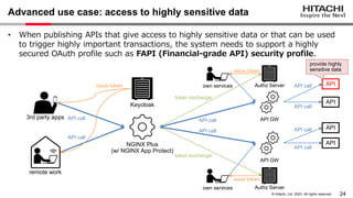 24
© Hitachi, Ltd. 2023. All rights reserved.
Advanced use case: access to highly sensitive data
• When publishing APIs that give access to highly sensitive data or that can be used
to trigger highly important transactions, the system needs to support a highly
secured OAuth profile such as FAPI (Financial-grade API) security profile.
API GW
API
API
Authz Server
own services
API call
API call
API GW
API
API
Authz Server
own services API call
API call
remote work
3rd party apps
NGINX Plus
(w/ NGINX App Protect)
Keycloak
API call
API call
issue token
API call
API call
issue token
issue token
token exchange
token exchange
provide highly
sensitive data
 