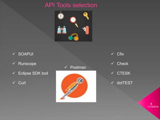 8
 SOAPUI
 Runscope
 Eclipse SDK tool
 Curl
 Cfix
 Check
 CTESK
 dotTEST
 Postman
11/19/2018
 
