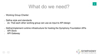 4
What do we need?
Working Group Charter:
Define style and standards
o 2x: That each other working group can use as input to API design
Define/implement runtime infrastructure for hosting the Symphony Foundation APIs
o API Store
o API Gateway
 