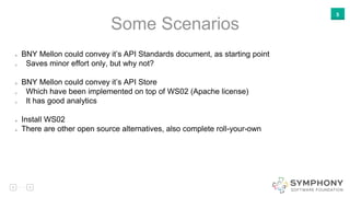 5
Some Scenarios
BNY Mellon could convey it’s API Standards document, as starting point
o Saves minor effort only, but why not?
BNY Mellon could convey it’s API Store
o Which have been implemented on top of WS02 (Apache license)
o It has good analytics
Install WS02
There are other open source alternatives, also complete roll-your-own
 