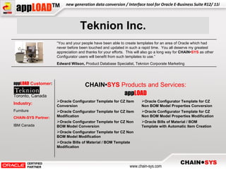 Teknion Inc. Oracle Configurator Template for CZ Item Conversion Oracle Configurator Template for CZ Item Modification Oracle Configurator Template for CZ Non BOM Model Conversion Oracle Configurator Template for CZ Non BOM Model Modification Oracle Bills of Material / BOM Template Modification  Oracle Configurator Template for CZ Non BOM Model Properties Conversion Oracle Configurator Template for CZ Non BOM Model Properties Modification Oracle Bills of Material / BOM Template with Automatic Item Creation “ You and your people have been able to create templates for an area of Oracle which had never before been touched and updated in such a rapid time.  You all deserve my greatest appreciation and thanks for your efforts.  This will also go a long way for  CHAIN • SYS  as other Configurator users will benefit from such templates to use.” Edward Wilson,  Product Database Specialist, Teknion Corporate Marketing app LOAD   Customer : Toronto, Canada CHAIN• SYS   Products and Services: app LOAD Industry: Furniture CHAIN-SYS Partner: IBM Canada   