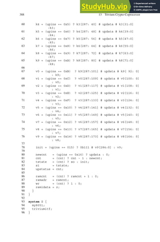 388 13 Trivium Crypto-Coprocessor
60 k4 = (upins == 0x5) ? k3[287: 40] # updata # k3[31:0]
:k3;
61 k5 = (upins == 0x6) ? k4[287: 48] # updata # k4[39:0]
:k4;
62 k6 = (upins == 0x7) ? k5[287: 56] # updata # k5[47:0]
:k5;
63 k7 = (upins == 0x8) ? k6[287: 64] # updata # k6[55:0]
:k6;
64 k8 = (upins == 0x9) ? k7[287: 72] # updata # k7[63:0]
:k7;
65 k9 = (upins == 0xA) ? k8[287: 80] # updata # k8[71:0]
:k8;
66
67 v0 = (upins == 0xB) ? k9[287:101] # updata # k9[ 92: 0]
: k9;
68 v1 = (upins == 0xC) ? v0[287:109] # updata # v0[100: 0]
: v0;
69 v2 = (upins == 0xD) ? v1[287:117] # updata # v1[108: 0]
: v1;
70 v3 = (upins == 0xE) ? v2[287:125] # updata # v2[116: 0]
: v2;
71 v4 = (upins == 0xF) ? v3[287:133] # updata # v3[124: 0]
: v3;
72 v5 = (upins == 0x10) ? v4[287:141] # updata # v4[132: 0]
: v4;
73 v6 = (upins == 0x11) ? v5[287:149] # updata # v5[140: 0]
: v5;
74 v7 = (upins == 0x12) ? v6[287:157] # updata # v6[148: 0]
: v6;
75 v8 = (upins == 0x13) ? v7[287:165] # updata # v7[156: 0]
: v7;
76 v9 = (upins == 0x14) ? v8[287:173] # updata # v8[164: 0]
: v8;
77
78 init = (upins == 015) ? 0b111 # v9[284:0] : v9;
79
80 newcnt = (upins == 0x16) ? updata : 0;
81 cnt = (cnt) ? cnt - 1 : newcnt;
82 tstate = (cnt) ? so : init;
83 si = tstate;
84 upstatus = cnt;
85
86 ramcnt = (cnt) ? ramcnt + 1 : 0;
87 ramadr = ramcnt;
88 wr = (cnt) ? 1 : 0;
89 ramidata = z;
90 }
91 }
92
93 system S {
94 my8051;
95 triviumitf;
96 }
 