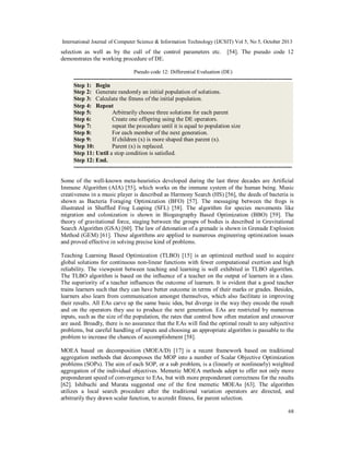 International Journal of Computer Science & Information Technology (IJCSIT) Vol 5, No 5, October 2013

selection as well as by the cull of the control parameters etc.
demonstrates the working procedure of DE.

[54]. The pseudo code 12

Pseudo code 12: Differential Evaluation (DE)

--------------------------------------------------------------------------------------------------------------Step 1: Begin
Step 2: Generate randomly an initial population of solutions.
Step 3: Calculate the fitness of the initial population.
Step 4: Repeat
Step 5:
Arbitrarily choose three solutions for each parent
Step 6:
Create one offspring using the DE operators.
Step 7:
repeat the procedure until it is equal to population size
Step 8:
For each member of the next generation.
Step 9:
If children (x) is more shaped than parent (x).
Step 10:
Parent (x) is replaced.
Step 11: Until a stop condition is satisfied.
Step 12: End.
--------------------------------------------------------------------------------------------------------------Some of the well-known meta-heuristics developed during the last three decades are Artificial
Immune Algorithm (AIA) [55], which works on the immune system of the human being. Music
creativeness in a music player is described as Harmony Search (HS) [56], the deeds of bacteria is
shown as Bacteria Foraging Optimization (BFO) [57]. The messaging between the frogs is
illustrated in Shuffled Frog Leaping (SFL) [58]. The algorithm for species movements like
migration and colonization is shown in Biogeography Based Optimization (BBO) [59]. The
theory of gravitational force, staging between the groups of bodies is described in Gravitational
Search Algorithm (GSA) [60]. The law of detonation of a grenade is shown in Grenade Explosion
Method (GEM) [61]. These algorithms are applied to numerous engineering optimization issues
and proved effective in solving precise kind of problems.
Teaching Learning Based Optimization (TLBO) [15] is an optimized method used to acquire
global solutions for continuous non-linear functions with fewer computational exertion and high
reliability. The viewpoint between teaching and learning is well exhibited in TLBO algorithm.
The TLBO algorithm is based on the influence of a teacher on the output of learners in a class.
The superiority of a teacher influences the outcome of learners. It is evident that a good teacher
trains learners such that they can have better outcome in terms of their marks or grades. Besides,
learners also learn from communication amongst themselves, which also facilitate in improving
their results. All EAs carve up the same basic idea, but diverge in the way they encode the result
and on the operators they use to produce the next generation. EAs are restricted by numerous
inputs, such as the size of the population, the rates that control how often mutation and crossover
are used. Broadly, there is no assurance that the EAs will find the optimal result to any subjective
problems, but careful handling of inputs and choosing an appropriate algorithm is passable to the
problem to increase the chances of accomplishment [58].
MOEA based on decomposition (MOEA/D) [17] is a recent framework based on traditional
aggregation methods that decomposes the MOP into a number of Scalar Objective Optimization
problems (SOPs). The aim of each SOP, or a sub problem, is a (linearly or nonlinearly) weighted
aggregation of the individual objectives. Memetic MOEA methods adept to offer not only more
preponderant speed of convergence to EAs, but with more preponderant correctness for the results
[62]. Ishibuchi and Murata suggested one of the first memetic MOEAs [63]. The algorithm
utilizes a local search procedure after the traditional variation operators are directed, and
arbitrarily they drawn scalar function, to accredit fitness, for parent selection.
68

 