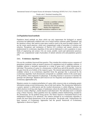 International Journal of Computer Science & Information Technology (IJCSIT) Vol 5, No 5, October 2013
Pseudo code 2: Simulated Annealing (SA)

----------------------------------------------------------Step 1: Initialize
Step 2: Repeat
Step 3:
Generate a candidate solution.
Step 4:
Evaluate the candidate.
Step 5:
Determine the current solution.
Step 6:
Reduce the temperature.
Step 7: Until Termination condition is met.
-----------------------------------------------------------

2.4.Population based methods
Population based methods are those which not only impersonate the biological or natural
occurrence but additionally establish with a set of initial realistic solutions called ‘Population’ and
the intention is direct, that search in state space would to reach to the most favorable solution. EC
are the recent search practices, which uses computational sculpt of procedure of evolution and
selection. Perceptions and mechanism of Darwin [23] evolution and natural selection are
predetermined in evolutionary algorithms (EAs) and are habituated to solve quandaries in many
fields of engineering and science. EAs are recent, parallel, search and optimization practices,
which uses computational sculpt of procedure of natural selection [23] and population genetics
[24].
2.4.1.

Evolutionary algorithms

EAs use the vocabulary borrowed from genetics. They simulate the evolution across a sequence of
generations (iterations within an iterative process) of a population (set) of candidate solutions. A
candidate solution is internally represented as a string of genes and is called chromosome or
individual. The position of a gene in a chromosome is called locus and all the possible values for
the gene form the set of alleles of the respective gene. The internal representation (encoding) of a
candidate solution in an evolutionary algorithm forms the genotype that is processed by the
evolutionary algorithm. Each chromosome corresponds to a candidate solution in the search space
of the problem, which represents its phenotype. A decoding function is necessary to translate the
genotype into phenotype. Mutation and Crossover are two frequently used operators referred to as
evolutionary approaches [25].
Mutation consists in a random perturbation of a gene while crossover aims at exchanging genetic
information among several chromosomes, thus avoids local optima. The chromosome subjected to
a genetic operator is called parent and the resulted chromosome is called offspring. A process
called selection involving some degree of randomness selects the individuals to Recombination or
Crossover creates offspring’s, mainly based on individual merit. The individual merit is evaluated
using a fitness function, which quantifies how the candidate solution befitted being encoded by
the chromosome, for the problem being solved. The fitness function is formulated based on the
mathematical function to be optimized. The solution returned by an evolutionary algorithm is
usually the most fitted chromosome in the last generation. The pseudo code 3 demonstrates the
basic structure of Evolutionary Approaches and the general framework of Evolutionary
Approaches is shown as Figure 3.

62

 