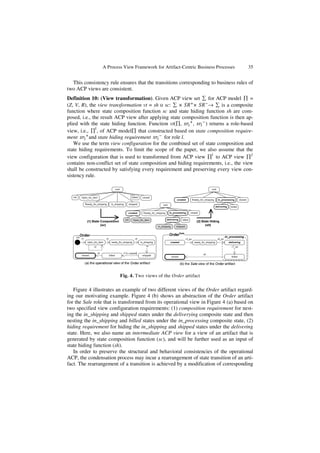 A Process View Framework for Artifact-Centric Business Processes     35


  This consistency rule ensures that the transitions corresponding to business rules of
two ACP views are consistent.
Definition 10: (View transformation). Given ACP view set ∑ for ACP model ∏ =
(Z, V, R), the view transformation vt = sh ο sc: ∑ ×      ×      → ∑ is a composite
function where state composition function sc and state hiding function sh are com-
posed, i.e., the result ACP view after applying state composition function is then ap-
plied with the state hiding function. Function vt(∏,      ,     ) returns a role-based
view, i.e., ∏ , of ACP model∏ that constructed based on state composition require-
ment       and state hiding requirement      for role l.
   We use the term view configuration for the combined set of state composition and
state hiding requirements. To limit the scope of the paper, we also assume that the
view configuration that is used to transformed from ACP view ∏ to ACP view ∏
contains non-conflict set of state composition and hiding requirements, i.e., the view
shall be constructed by satisfying every requirement and preserving every view con-
sistency rule.




                         Fig. 4. Two views of the Order artifact

   Figure 4 illustrates an example of two different views of the Order artifact regard-
ing our motivating example. Figure 4 (b) shows an abstraction of the Order artifact
for the Sale role that is transformed from its operational view in Figure 4 (a) based on
two specified view configuration requirements: (1) composition requirement for nest-
ing the in_shipping and shipped states under the deliverying composite state and then
nesting the in_shipping and billed states under the in_processing composite state, (2)
hiding requirement for hiding the in_shipping and shipped states under the delivering
state. Here, we also name an intermediate ACP view for a view of an artifact that is
generated by state composition function (sc), and will be further used as an input of
state hiding function (sh).
   In order to preserve the structural and behavioral consistencies of the operational
ACP, the condensation process may incur a rearrangement of state transition of an arti-
fact. The rearrangement of a transition is achieved by a modification of corresponding
 