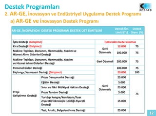 Destek Programları
2. AR-GE, İnovasyon ve Endüstriyel Uygulama Destek Programı
a) AR-GE ve İnovasyon Destek Programı
AR-GE, İNOVASYON DESTEK PROGRAMI DESTEK ÜST LİMİTLERİ
Destek Üst
Limiti (TL)
Destek
Oranı (%)
İşlik Desteği (Girişimci) İşliklerden bedel alınmaz
Kira Desteği (Girişimci)
Geri
Ödemesiz
12.000 75
Makine-Teçhizat, Donanım, Hammadde, Yazılım ve
Hizmet Alımı Giderleri Desteği
100.000 75
Makine-Teçhizat, Donanım, Hammadde, Yazılım
ve Hizmet Alımı Giderleri Desteği
Geri Ödemeli 200.000 75
Personel Gideri Desteği
Geri
Ödemesiz
100.000 75
Başlangıç Sermayesi Desteği (Girişimci) 20.000 100
Proje
Geliştirme Desteği
Proje Danışmanlık Desteği 25.000
75
Eğitim Desteği 5.000
Sınai ve Fikri Mülkiyet Hakları Desteği 25.000
Proje Tanıtım Desteği 5.000
Yurtdışı Kongre/Konferans/Fuar
Ziyareti/Teknolojik İşbirliği Ziyareti
Desteği
15.000
Test, Analiz, Belgelendirme Desteği 25.000
 