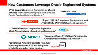 How Customers Leverage Oracle Engineered Systems
“PHH Corporation lays a foundation for shared
services with Oracle Exalogic Elastic Cloud and
Oracle Exadata Database Machine.”

                                 “Sogeti USA LLC Improves Performance and
                                 Productivity of Critical Business Systems”

“TIMWE Ensures Competitive Edge with
Real-Time Analysis of Marketing Campaigns”

                                     “Merck achieves fivefold performance for
                                     Critical Product Research Platform”
“SquareTwo Financial expects to reduce
operating costs by 60% and bring new
products to market more quickly.””

                                © 2011 Oracle Corporation                       7
 