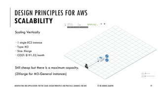 DESIGN PRINCIPLES FOR AWS
SCALABILITY
ARCHITECTING WEB APPLICATIONS FOR THE CLOUD: DESIGN PRINCIPLES AND PRACTICAL GUIDANCE FOR AWS © DR ADNENE GUABTNI 19
Scaling Vertically
 1 single EC2 instance
 Type: M3
 Size: Xlarge
 COST: $191.52/month
Still cheap but there is a maximum capacity.
(2Xlarge for M3-General instances)
 