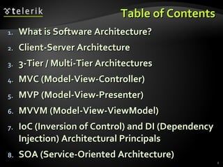 Table of Contents What is Software Architecture? Client-Server Architecture 3-Tier / Multi-Tier Architectures MVC (Model-View-Controller) MVP (Model-View-Presenter) MVVM (Model-View-ViewModel) IoC (Inversion of Control) and DI (Dependency Injection) Architectural Principals SOA (Service-Oriented Architecture) 