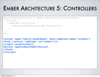 EMBER ARCHITECTURE 5: CONTROLLERS
App.TicketsController = Ember.ArrayController.extend({
actions: {
addItem: function() {
this.pushObject(this.get(“ticket”));
}
}
});
<script type="text/x-handlebars" data-template-name="tickets">
<form {{action "addItem" on="submit"}}>
{{input value=ticket}}
<button type=submit>Add</button>
</form>
</script>

Tuesday, November 19, 13

 