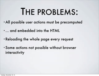THE PROBLEMS:
•All
•...

possible user actions must be precomputed

and embedded into the HTML

•Reloading
•Some

the whole page every request

actions not possible without browser
interactivity

Tuesday, November 19, 13

 