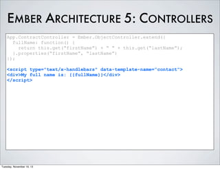 EMBER ARCHITECTURE 5: CONTROLLERS
App.ContractController = Ember.ObjectController.extend({
fullName: function() {
return this.get(“firstName”) + “ “ + this.get(“lastName”);
}.properties(“firstName”, “lastName”)
});
<script type="text/x-handlebars" data-template-name=”contact”>
<div>My full name is: {{fullName}}</div>
</script>

Tuesday, November 19, 13

 