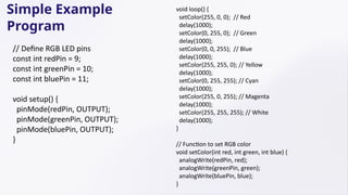 // Define RGB LED pins
const int redPin = 9;
const int greenPin = 10;
const int bluePin = 11;
void setup() {
pinMode(redPin, OUTPUT);
pinMode(greenPin, OUTPUT);
pinMode(bluePin, OUTPUT);
}
void loop() {
setColor(255, 0, 0); // Red
delay(1000);
setColor(0, 255, 0); // Green
delay(1000);
setColor(0, 0, 255); // Blue
delay(1000);
setColor(255, 255, 0); // Yellow
delay(1000);
setColor(0, 255, 255); // Cyan
delay(1000);
setColor(255, 0, 255); // Magenta
delay(1000);
setColor(255, 255, 255); // White
delay(1000);
}
// Function to set RGB color
void setColor(int red, int green, int blue) {
analogWrite(redPin, red);
analogWrite(greenPin, green);
analogWrite(bluePin, blue);
}
Simple Example
Program
 