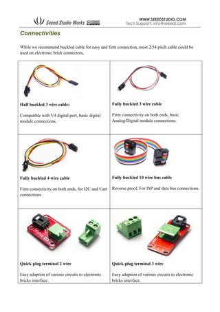Connectivities
While we recommend buckled cable for easy and firm connection, most 2.54 pitch cable could be
used on electronic brick connectors,
Half buckled 3 wire cable:
Compatible with V4 digital port, basic digital
module connections.
Fully buckled 3 wire cable
Firm connectivity on both ends, basic
Analog/Digital module connections.
Fully buckled 4 wire cable
Firm connectivity on both ends, for I2C and Uart
connections.
Fully buckled 10 wire bus cable
Reverse proof, For ISP and data bus connections.
Quick plug terminal 2 wire
Easy adaption of various circuits to electronic
bricks interface.
Quick plug terminal 3 wire
Easy adaption of various circuits to electronic
bricks interface.
 