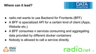Where can it lead?
● radio.net wants to use Backend for Frontents (BFF)
● A BFF is specialized API for a certain kind of client (Apps,
Website etc.)
● A BFF consumes n services consuming and aggregating
data provided by different docker containers
● Nobody is allowed to call a service directly
10
 
