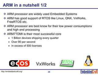 ARM in a nutshell 1/2
ARM processor are widely used Embedded Systems
ARM has good support of RTOS like Linux, QNX, VxWorks,g pp , Q , ,
FreeRTOS etc.
ARM processor are best know for their low power consumptions
and high end processing
ARM7TDMI is their most successful core
1 Billion devices shipping every quarter• 1 Billion devices shipping every quarter
• Over 90 per second
• In excess of 500 licensesIn excess of 500 licenses
http://embeddedcraft.org/ 26
 