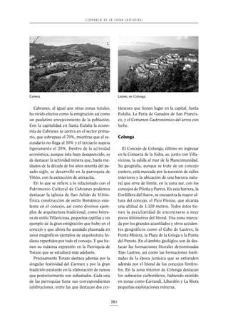 C O M A R C A D E LA S I D R A ( A ST U R I A S )

Cervera.

Lastres, en Colunga.

Cabranes, al igual que otras zonas rurales,
ha vivido efectos como la emigración así como
un paulatino envejecimiento de la población.
Con la capitalidad en Santa Eulalia la economía de Cabranes se centra en el sector primario, que sobrepasa el 70%, mientras que el secundario no llega al 10% y el terciario supera
ligeramente el 20%. Dentro de la actividad
económica, aunque ésta haya desaparecido, es
de destacar la actividad minera que, hasta mediados de la década de los años sesenta del pasado siglo, se desarrolló en la parroquia de
Viñón, con la extracción de antracita.
En lo que se refiere a lo relacionado con el
Patrimonio Cultural de Cabranes podemos
destacar la iglesia de San Julián de Viñón.
Única construcción de estilo Románico existente en el concejo, así como diversos ejemplos de arquitectura tradicional, como hórreos de estilo Villaviciosa, pequeñas capillas y un
ejemplo de la gran emigración que hubo en el
concejo y que ahora ha quedado plasmada en
unos magníficos ejemplos de arquitectura Indiana repartidos por todo el concejo. Y que tienen su máxima expresión en la Parroquia de
Torazo que se estudiará más adelante.
Precisamente Torazo destaca además por la
singular festividad del Carmen y por la gran
tradición existente en la elaboración de ramos
que posteriormente son subastados. Cada una
de las parroquias tiene sus correspondientes
celebraciones, entre las que destacan dos cer-

támenes que tienen lugar en la capital, Santa
Eulalia. La Feria de Ganados de San Francisco, y el Certamen Gastronómico del arroz con
leche.

Colunga
El Concejo de Colunga, último en ingresar
en la Comarca de la Sidra, es, junto con Villaviciosa, la salida al mar de la Mancomunidad.
Su geografía, aunque se trate de un concejo
costero, está marcada por la sucesión de valles
interiores y la ubicación de una barrera natural que sirve de límite, en la zona sur, con los
concejos de Piloña y Parres. En esta barrera, la
Cordillera del Sueve, se encuentra la mayor altura del concejo, el Picu Pienzu, que alcanza
una altitud de 1.159 metros. Todos éstos tienen la peculiaridad de encontrarse a muy
pocos kilómetros del litoral. Una zona marcada por los grandes acantilados y otros accidentes geográficos como el Cabo de Lastres, la
Punta Misiera, la Playa de la Griega o la Punta
del Penote. En el ámbito geológico son de destacar las formaciones litorales denominadas
Tipo Lastres, así como las formaciones fosilizadas de la época jurásica que se extienden
además por el litoral de los concejos limítrofes. En la zona interior de Colunga destacan
los subsuelos carboníferos, habiendo existido
en zonas como Carrandi, Libardón y La Riera
pequeñas explotaciones mineras.

381

 