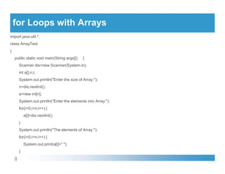 for Loops with Arrays
import java.util.*;
class ArrayTest
{
public static void main(String args[]) {
Scanner dis=new Scanner(System.in);
int a[],n,i;
System.out.println("Enter the size of Array:");
n=dis.nextInt();
n=dis.nextInt();
a=new int[n];
System.out.println("Enter the elements into Array:");
for(i=0;i<n;i++) {
a[i]=dis.nextInt();
}
System.out.println("The elements of Array:");
for(i=0;i<n;i++) {
System.out.print(a[i]+" ");
}
}}
 