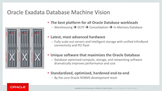 Copyright © 2014, Oracle and/or its affiliates. All rights reserved. |
Oracle Exadata Database Machine Vision
• The best platform for all Oracle Database workloads
– Warehousing  OLTP  Consolidation  In-Memory Database
• Latest, most advanced hardware
– Fully scale-out servers and intelligent storage with unified InfiniBand
connectivity and PCI flash
• Unique software that maximizes the Oracle Database
– Database optimized compute, storage, and networking software
dramatically improves performance and cost
• Standardized, optimized, hardened end-to-end
– By the core Oracle RDBMS development team
Oracle Confidential - Highly Restricted 7
 