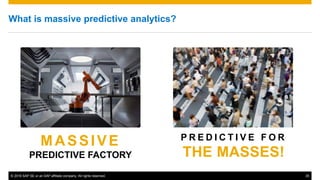 © 2016 SAP SE or an SAP affiliate company. All rights reserved. 35
What is massive predictive analytics?
MASSIVE
PREDICTIVE FACTORY
P R E D I C T I V E F O R
THE MASSES!
 