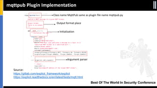 Best Of The World In Security Conference
mqttpub Plugin Implementation
Source:
https://gitlab.com/expliot_framework/expliot
https://expliot.readthedocs.io/en/latest/tests/mqtt.html
Class name MqttPub same as plugin file name mqttpub.py
Output format place
Initialization
Argument parser
 