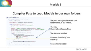Models 3
Compiler Pass to Load Models in our own folders.
We pass through our bundles, and
load models, in our folders.
The key:
DoctrineOrmMappingPass
We also use an alias:
LineItem:ThirdPartyData
Geo:City
ServiceName:Model
 