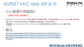 http://kevintsengtw.blogspot.tw/2011/10/entity-framework-json-3.html#.UYPUocq5L_w
http://kevintsengtw.blogspot.tw/2011/10/entity-framework-json-2.html#.UYPUp8q5L_w
http://kevintsengtw.blogspot.tw/2011/10/entity-framework-json-1.html#.UYPUq8q5L_w
資料來源mrkt 的程式學習筆記
 