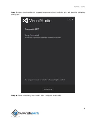 ASP.NET Core
9
Step 3: Once the installation process is completed successfully, you will see the following
dialog box.
Step 4: Close this dialog and restart your computer if required.
 