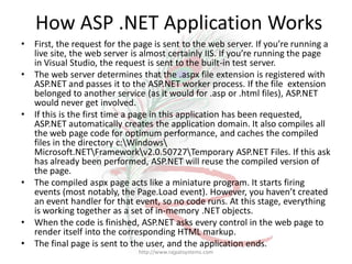 How ASP .NET Application Works
•   First, the request for the page is sent to the web server. If you’re running a
    live site, the web server is almost certainly IIS. If you’re running the page
    in Visual Studio, the request is sent to the built-in test server.
•   The web server determines that the .aspx file extension is registered with
    ASP.NET and passes it to the ASP.NET worker process. If the file extension
    belonged to another service (as it would for .asp or .html files), ASP.NET
    would never get involved.
•   If this is the first time a page in this application has been requested,
    ASP.NET automatically creates the application domain. It also compiles all
    the web page code for optimum performance, and caches the compiled
    files in the directory c:Windows
    Microsoft.NETFrameworkv2.0.50727Temporary ASP.NET Files. If this ask
    has already been performed, ASP.NET will reuse the compiled version of
    the page.
•   The compiled aspx page acts like a miniature program. It starts firing
    events (most notably, the Page.Load event). However, you haven’t created
    an event handler for that event, so no code runs. At this stage, everything
    is working together as a set of in-memory .NET objects.
•   When the code is finished, ASP.NET asks every control in the web page to
    render itself into the corresponding HTML markup.
•   The final page is sent to the user, and the application ends.
                               http://www.rajpatsystems.com
 