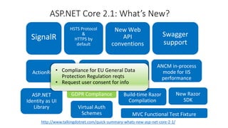 ASP.NET Core 2.1: What’s New?
http://www.talkingdotnet.com/quick-summary-whats-new-asp-net-core-2-1/
• Compliance for EU General Data
Protection Regulation reqts
• Request user consent for info
 