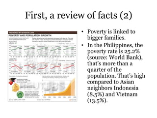 First, a review of facts (2)
•  Poverty is linked to
bigger families.
•  In the Philippines, the
poverty rate is 25.2%
(source: World Bank),
that’s more than a
quarter of the
population. That’s high
compared to Asian
neighbors Indonesia
(8.5%) and Vietnam
(13.5%).
 
