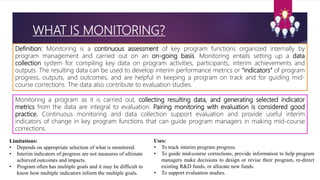 WHAT IS MONITORING?
Definition: Monitoring is a continuous assessment of key program functions organized internally by
program management and carried out on an on-going basis. Monitoring entails setting up a data
collection system for compiling key data on program activities, participants, interim achievements and
outputs. The resulting data can be used to develop interim performance metrics or “indicators” of program
progress, outputs, and outcomes, and are helpful in keeping a program on track and for guiding mid-
course corrections. The data also contribute to evaluation studies.
Monitoring a program as it is carried out, collecting resulting data, and generating selected indicator
metrics from the data are integral to evaluation. Pairing monitoring with evaluation is considered good
practice. Continuous monitoring and data collection support evaluation and provide useful interim
indicators of change in key program functions that can guide program managers in making mid-course
corrections.
Limitations:
• Depends on appropriate selection of what is monitored.
• Interim indicators of progress are not measures of ultimate
achieved outcomes and impacts.
• Program often has multiple goals and it may be difficult to
know how multiple indicators inform the multiple goals.
Uses:
• To track interim program progress.
• To guide mid-course corrections; provide information to help program
managers make decisions to design or revise their program, re-direct
existing R&D funds, or allocate new funds.
• To support evaluation studies.
 