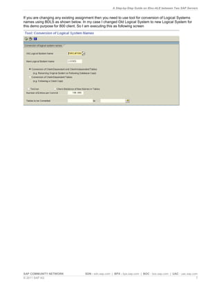 A Step-by-Step Guide on IDoc-ALE between Two SAP Servers
SAP COMMUNITY NETWORK SDN - sdn.sap.com | BPX - bpx.sap.com | BOC - boc.sap.com | UAC - uac.sap.com
© 2011 SAP AG 7
If you are changing any existing assignment then you need to use tool for conversion of Logical Systems
names using BDLS as shown below. In my case I changed Old Logical System to new Logical System for
this demo purpose for 800 client. So I am executing this as following screen
 