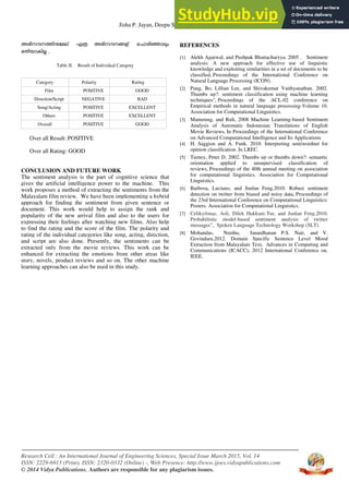 Jisha P. Jayan, Deepu S. Nair, Elizabeth Sherly
Research Cell : An International Journal of Engineering Sciences, Special Issue March 2015, Vol. 14
ISSN: 2229-6913 (Print), ISSN: 2320-0332 (Online) -, Web Presence: http://www.ijoes.vidyapublications.com
© 2014 Vidya Publications. Authors are responsible for any plagiarism issues.
4
അഭിവന്ദവെിനുന്മല്‍
‍ എത്ര അഭിവന്ദവങ്ങള്‍
‍ നചാരിഞ്ഞാലുും
മത്ിയാകില്ല .
Table II. Result of Individual Category
Category Polarity Rating
Film POSITIVE GOOD
Direction/Script NEGATIVE BAD
Song/Acting POSITIVE EXCELLENT
Others POSITIVE EXCELLENT
Overall POSITIVE GOOD
Over all Result: POSITIVE
Over all Rating: GOOD
CONCLUSION AND FUTURE WORK
The sentiment analysis is the part of cognitive science that
gives the artificial intelligence power to the machine. This
work proposes a method of extracting the sentiments from the
Malayalam film review. We have been implementing a hybrid
approach for finding the sentiment from given sentence or
document. This work would help to assign the rank and
popularity of the new arrival film and also to the users for
expressing their feelings after watching new films. Also help
to find the rating and the score of the film. The polarity and
rating of the individual categories like song, acting, direction,
and script are also done. Presently, the sentiments can be
extracted only from the movie reviews. This work can be
enhanced for extracting the emotions from other areas like
story, novels, product reviews and so on. The other machine
learning approaches can also be used in this study.
REFERENCES
[1] Alekh Agarwal, and Pushpak Bhattacharyya. 2005 . Sentiment
analysis: A new approach for effective use of linguistic
knowledge and exploiting similarities in a set of documents to be
classified, Proceedings of the International Conference on
Natural Language Processing (ICON).
[2] Pang, Bo, Lillian Lee, and Shivakumar Vaithyanathan. 2002.
Thumbs up?: sentiment classification using machine learning
techniques", Proceedings of the ACL-02 conference on
Empirical methods in natural language processing-Volume 10.
Association for Computational Linguistics.
[3] Manurung, and Ruli, 2008 Machine Learning-based Sentiment
Analysis of Automatic Indonesian Translations of English
Movie Reviews, In Proceedings of the International Conference
on Advanced Computational Intelligence and Its Applications
[4] H. Saggion and A. Funk. 2010. Interpreting sentiwordnet for
opinion classification. In LREC.
[5] Turney, Peter D. 2002. Thumbs up or thumbs down?: semantic
orientation applied to unsupervised classification of
reviews, Proceedings of the 40th annual meeting on association
for computational linguistics. Association for Computational
Linguistics.
[6] Barbosa, Luciano, and Junlan Feng.2010. Robust sentiment
detection on twitter from biased and noisy data, Proceedings of
the 23rd International Conference on Computational Linguistics:
Posters. Association for Computational Linguistics.
[7] Celikyilmaz, Asli, Dilek Hakkani-Tur, and Junlan Feng.2010.
Probabilistic model-based sentiment analysis of twitter
messages”, Spoken Language Technology Workshop (SLT).
[8] Mohandas, Neethu, Janardhanan P.S. Nair, and V.
Govindaru.2012. Domain Specific Sentence Level Mood
Extraction from Malayalam Text, Advances in Computing and
Communications (ICACC), 2012 International Conference on.
IEEE.
 