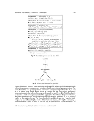 Survey of Top-k Query Processing Techniques

11:33

Fig. 14. RankSQL algebraic laws [Li et al. 2005].

Fig. 15. A query plan generated by RankSQL.

Figure 15 depicts a query plan generated by RankSQL, where ranking expression is
split and rank-aware operators are interleaved with conventional query operators. The
plan shows that the query optimizer considered using existing indexes for R. p1 and
S. p1 to access base tables, which might be cheaper for the given query, since they
generate tuples in the orders of scoring predicates R. p1 and S. p1 . The Hash Rank Join
operator is a rank-aware join operator that aggregates the orders of the joined relations,
while the Rank operator augments the remaining scoring predicate R. p2 to produce
tuples in the required order. The Hash Rank Join and Rank operators pipeline their
outputs by upper bounding the scores of their unseen inputs, allowing for consuming a
small number of tuples in order to ﬁnd the top-10 query results. Figure 16 depicts an
ACM Computing Surveys, Vol. 40, No. 4, Article 11, Publication date: October 2008.

 