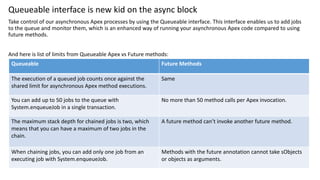 Queueable interface is new kid on the async block
Take control of our asynchronous Apex processes by using the Queueable interface. This interface enables us to add jobs
to the queue and monitor them, which is an enhanced way of running your asynchronous Apex code compared to using
future methods.
And here is list of limits from Queueable Apex vs Future methods:
Queueable Future Methods
The execution of a queued job counts once against the
shared limit for asynchronous Apex method executions.
Same
You can add up to 50 jobs to the queue with
System.enqueueJob in a single transaction.
No more than 50 method calls per Apex invocation.
The maximum stack depth for chained jobs is two, which
means that you can have a maximum of two jobs in the
chain.
A future method can’t invoke another future method.
When chaining jobs, you can add only one job from an
executing job with System.enqueueJob.
Methods with the future annotation cannot take sObjects
or objects as arguments.
 