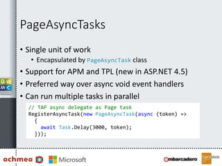 PageAsyncTasks
• Single unit of work
• Encapsulated by PageAsyncTask class
• Support for APM and TPL (new in ASP.NET 4.5)
• Preferred way over async void event handlers
• Can run multiple tasks in parallel
// TAP async delegate as Page task
RegisterAsyncTask(new PageAsyncTask(async (token) =>
{
await Task.Delay(3000, token);
}));
 