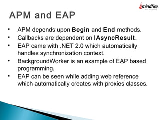 APM and EAP

APM depends upon Begin and End methods.

Callbacks are dependent on IAsyncResult.

EAP came with .NET 2.0 which automatically
handles synchronization context.

BackgroundWorker is an example of EAP based
programming.

EAP can be seen while adding web reference
which automatically creates with proxies classes.
 