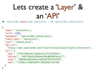 Lets create a ‘Layer’ &
                 an ‘API’
➜    spacialdb layers:add characters --db spacialdb1_shoaib_burq

{
    "name": "characters",
    "srid": 4326,
    "database": "spacialdb1_shoaib_burq",
    "table_name": "characters",
    "user": "shoaib_burq",
    "api_url":
      "https://api.spacialdb.com/1/users/shoaib_burq/layers/characters",
    "acl": {
      "get": "37f9e107e4a112eddcdc1c31fd12832a",
      "delete": "1b62758e5e2948e6ef0cd0930516e5c7",
      "post": "f0698e2664c04e2fe03702f07392e878",
      "put": "7378dcc7eb8f628ffc702d5d27c8c7db"
    }
}
 