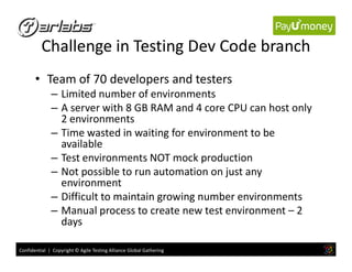 Challenge in Testing Dev Code branch
• Team of 70 developers and testers
– Limited number of environments
– A server with 8 GB RAM and 4 core CPU can host only
2 environments
– Time wasted in waiting for environment to be
Confidential | Copyright © Agile Testing Alliance Global Gathering
– Time wasted in waiting for environment to be
available
– Test environments NOT mock production
– Not possible to run automation on just any
environment
– Difficult to maintain growing number environments
– Manual process to create new test environment – 2
days
 