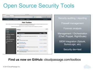 © 2013 CloudPassage Inc.
Open Source Security Tools
Security auditing / reporting
Firewall management
Forensic analysis
Management / Orchestration
(Chef, Puppet, RightScale)
SIEM Integration (Splunk,
SumoLogic, etc)
Security dev+test
Find us now on GitHub: cloudpassage.com/toolbox
 