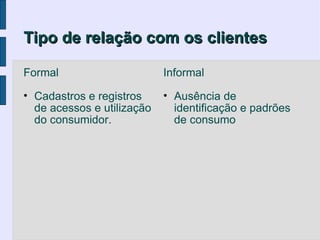 Tipo de relação com os clientes

Formal                      Informal

• Cadastros e registros     • Ausência de
  de acessos e utilização     identificação e padrões
  do consumidor.              de consumo
 