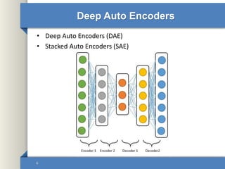 Deep Auto Encoders
• Deep Auto Encoders (DAE)
• Stacked Auto Encoders (SAE)
6
 