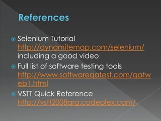 Load TestingPurists say Selenium is not for load testingThat is mainly because of the hardware required to run multiple browsers on the same machine.I hit limits of 5-8 browsers on a standard desktop machine and 12-15 browsers on a serverUse Browser Mob or SauceLabs to overcome these issues.Also as Selenium uses Real Browsers it requires real logins to simulate real loads – so you have to log in as real users on your systemIt does not do virtual load and virtual users
