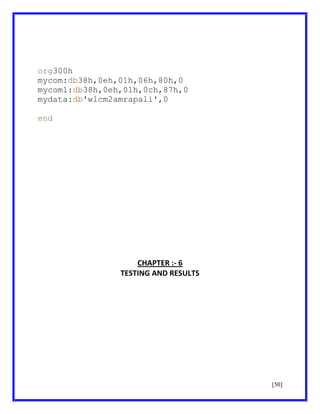 org300h
mycom:db38h,0eh,01h,06h,80h,0
mycom1:db38h,0eh,01h,0ch,87h,0
mydata:db'wlcm2amrapali',0
end

CHAPTER :- 6
TESTING AND RESULTS

[50]

 