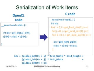 18-19/7/2013 MATENVMED Plenary Meeting
Serialization of Work Items
__kernel void vadd(…) {
int idx = get_global_id(0);
c[idx] = a[idx] + b[idx];
}
__kernel void Vadd(…) {
int idx;
for( i = 0; i < get_local_size(2); i++)
for( j = 0; j < get_local_size(1); j++)
for( k = 0; k < get_local_size(0); k++)
{
idx = get_item_gid(0);
c[idx] = a[idx] + b[idx];
}
}
OpenCL
code
C code
22
idx = (global_id2(0) + i) * Grid_Width * Grid_Height +
(global_id1(0) + j) * Grid_Width +
(global_id0(0) + k);
 