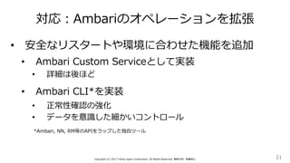 対応：Ambariのオペレーションを拡張
21Copyright (C) 2017 Yahoo Japan Corporation. All Rights Reserved. 無断引用・転載禁止
• 安全なリスタートや環境に合わせた機能を追加
• Ambari Custom Serviceとして実装
• 詳細は後ほど
• Ambari CLI*を実装
• 正常性確認の強化
• データを意識した細かいコントロール
*Ambari, NN, RM等のAPIをラップした独自ツール
 